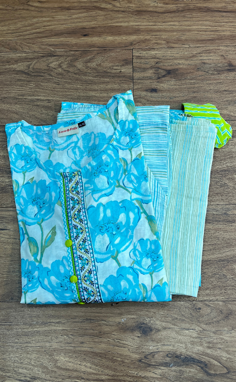 Sea Green/Green Floral Jaipur Cotton Kurti With Pant And Dupatta Set.Pure Versatile Cotton. | Laces and Frills - Laces and Frills