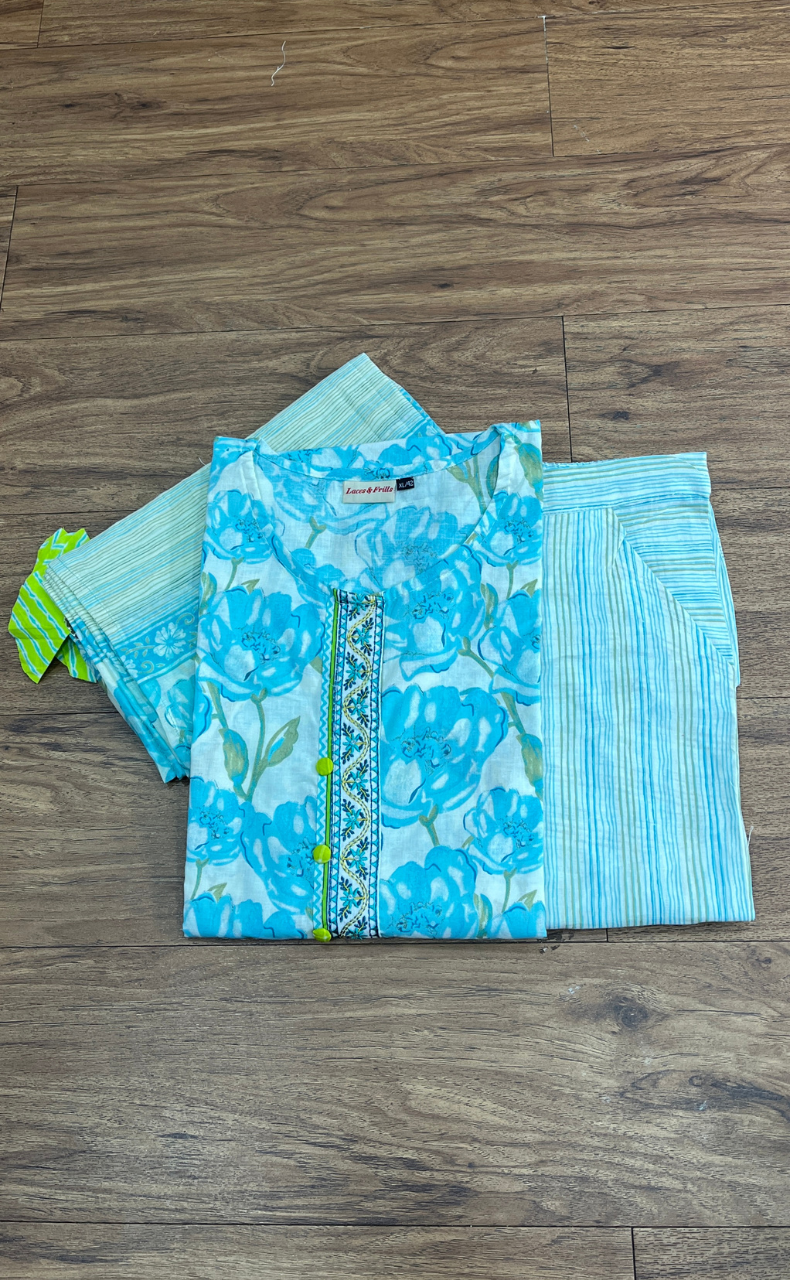 Sea Green/Green Floral Jaipur Cotton Kurti With Pant And Dupatta Set.Pure Versatile Cotton. | Laces and Frills - Laces and Frills