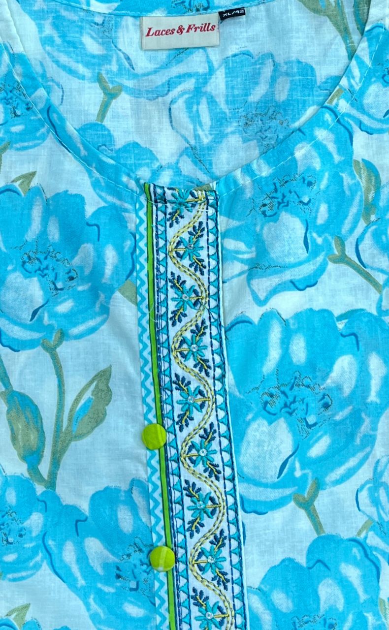 Sea Green/Green Floral Jaipur Cotton Kurti With Pant And Dupatta Set.Pure Versatile Cotton. | Laces and Frills - Laces and Frills