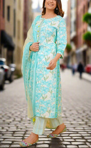 Sea Green/Green Floral Jaipur Cotton Kurti With Pant And Dupatta Set.Pure Versatile Cotton. | Laces and Frills