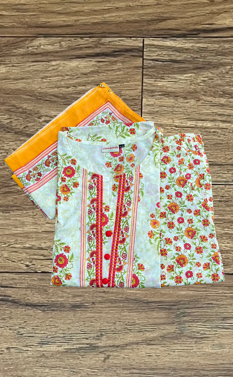 Off White/Pink Floral Jaipur Cotton Kurti With Pant And Dupatta Set.Pure Versatile Cotton. | Laces and Frills - Laces and Frills