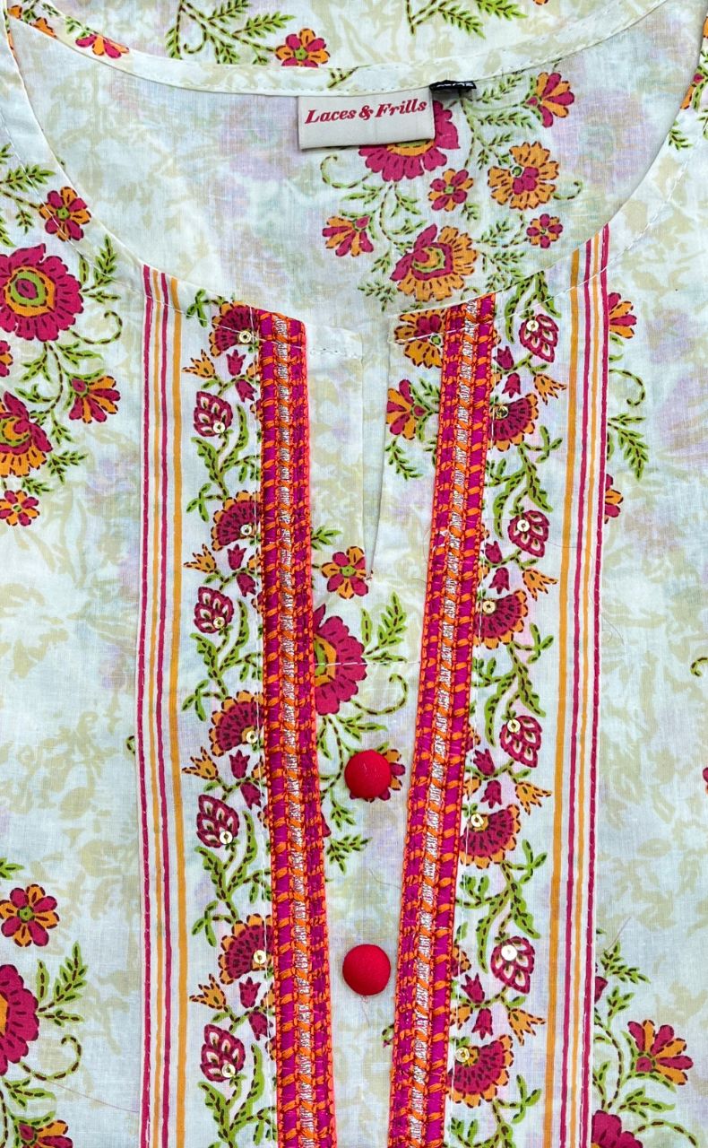 Off White/Pink Floral Jaipur Cotton Kurti With Pant And Dupatta Set.Pure Versatile Cotton. | Laces and Frills - Laces and Frills