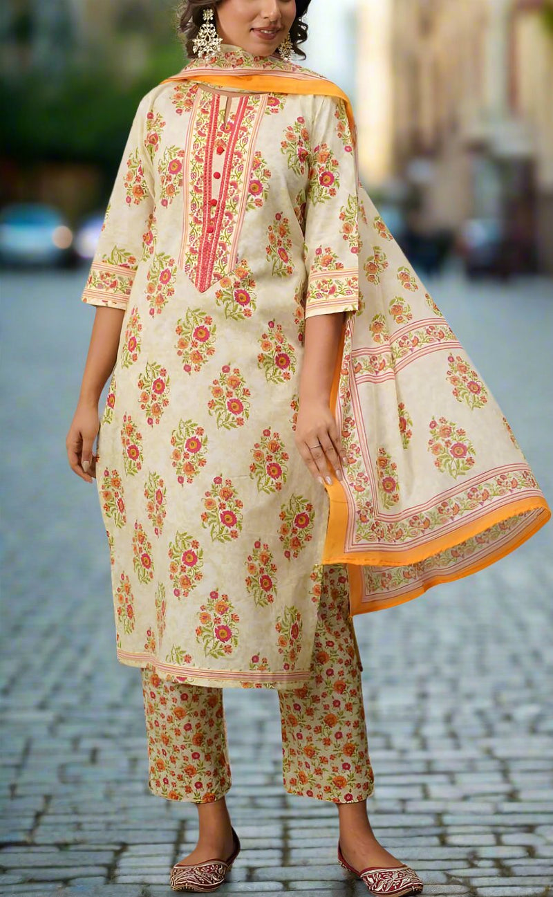 Off White/Pink Floral Jaipur Cotton Kurti With Pant And Dupatta Set.Pure Versatile Cotton. | Laces and Frills - Laces and Frills