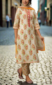 Off White/Pink Floral Jaipur Cotton Kurti With Pant And Dupatta Set.Pure Versatile Cotton. | Laces and Frills - Laces and Frills
