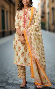 Off White/Pink Floral Jaipur Cotton Kurti With Pant And Dupatta Set.Pure Versatile Cotton. | Laces and Frills - Laces and Frills