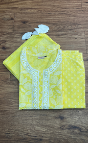 Yellow Floral Jaipur Cotton Kurti With Pant And Dupatta Set.Pure Versatile Cotton. | Laces and Frills - Laces and Frills