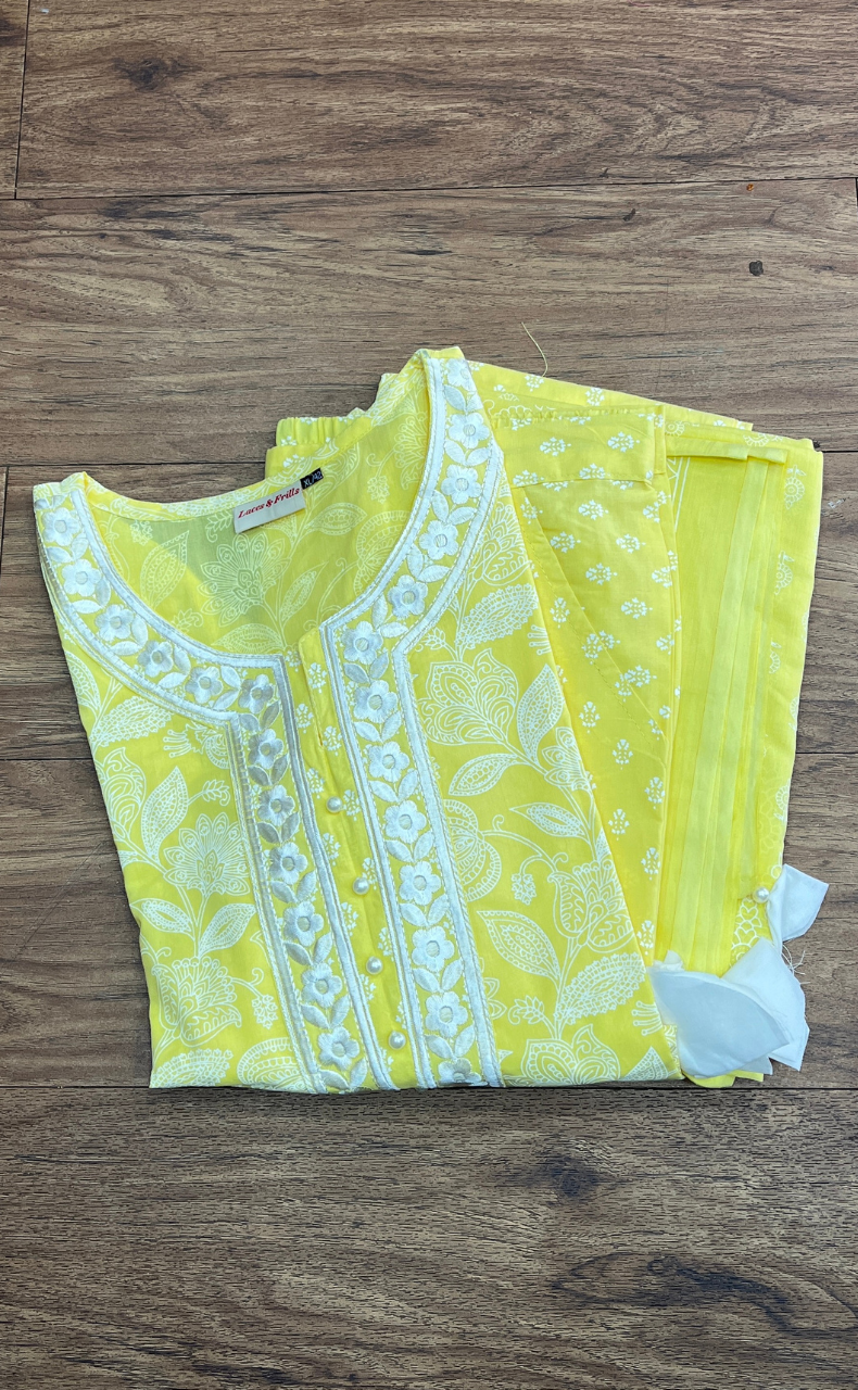 Yellow Floral Jaipur Cotton Kurti With Pant And Dupatta Set.Pure Versatile Cotton. | Laces and Frills - Laces and Frills