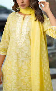 Yellow Floral Jaipur Cotton Kurti With Pant And Dupatta Set.Pure Versatile Cotton. | Laces and Frills - Laces and Frills