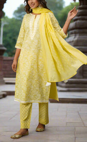 Yellow Floral Jaipur Cotton Kurti With Pant And Dupatta Set.Pure Versatile Cotton. | Laces and Frills - Laces and Frills