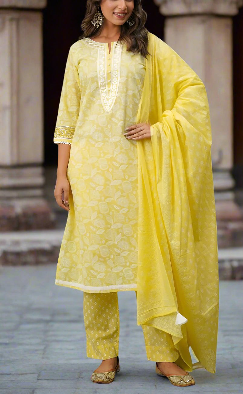 Yellow Floral Jaipur Cotton Kurti With Pant And Dupatta Set.Pure Versatile Cotton. | Laces and Frills - Laces and Frills