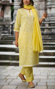 Yellow Floral Jaipur Cotton Kurti With Pant And Dupatta Set.Pure Versatile Cotton. | Laces and Frills - Laces and Frills