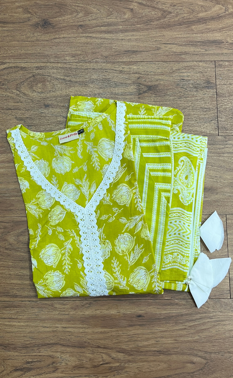 Yellow/Green Floral Jaipur Cotton Kurti With Pant And Dupatta Set.Pure Versatile Cotton. | Laces and Frills - Laces and Frills