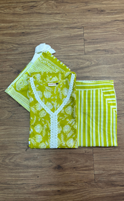Yellow/Green Floral Jaipur Cotton Kurti With Pant And Dupatta Set.Pure Versatile Cotton. | Laces and Frills - Laces and Frills