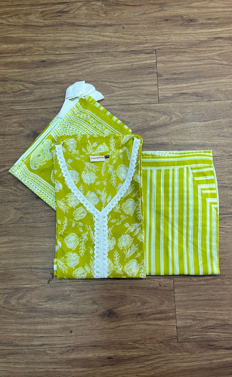 Yellow/Green Floral Jaipur Cotton Kurti With Pant And Dupatta Set.Pure Versatile Cotton. | Laces and Frills - Laces and Frills