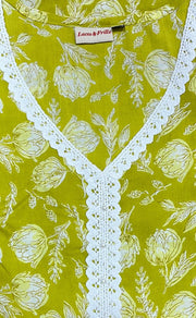 Yellow/Green Floral Jaipur Cotton Kurti With Pant And Dupatta Set.Pure Versatile Cotton. | Laces and Frills - Laces and Frills