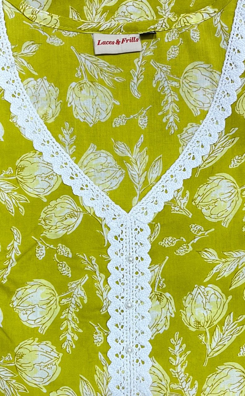 Yellow/Green Floral Jaipur Cotton Kurti With Pant And Dupatta Set.Pure Versatile Cotton. | Laces and Frills - Laces and Frills