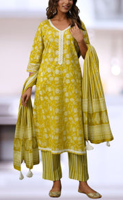 Yellow/Green Floral Jaipur Cotton Kurti With Pant And Dupatta Set.Pure Versatile Cotton. | Laces and Frills - Laces and Frills