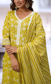 Yellow/Green Floral Jaipur Cotton Kurti With Pant And Dupatta Set.Pure Versatile Cotton. | Laces and Frills - Laces and Frills