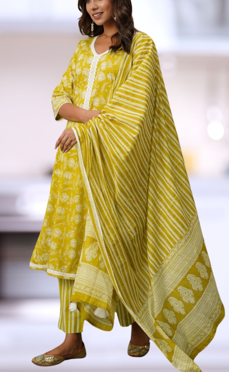 Yellow/Green Floral Jaipur Cotton Kurti With Pant And Dupatta Set.Pure Versatile Cotton. | Laces and Frills - Laces and Frills