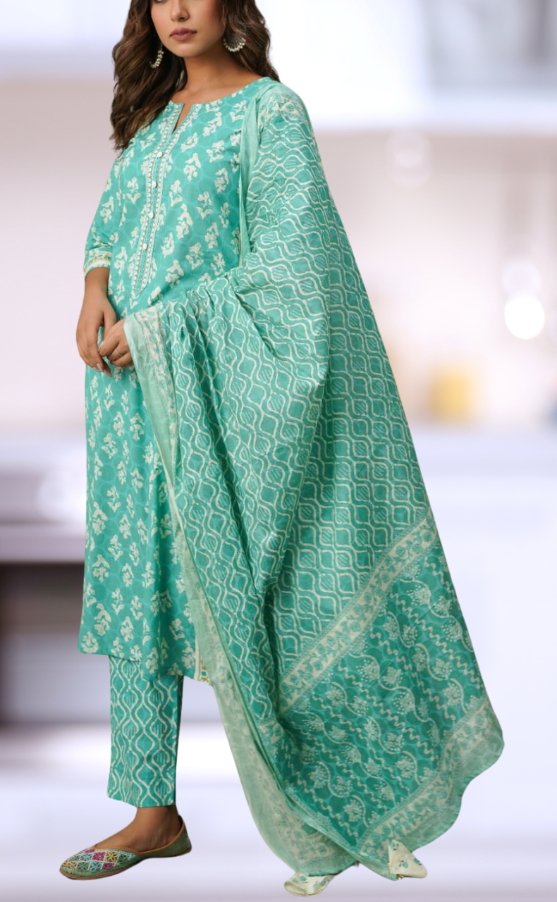 Sea Green Floral Cotton Kurti With Pant And Dupatta Set.Pure Versatile Cotton. | Laces and Frills - Laces and Frills