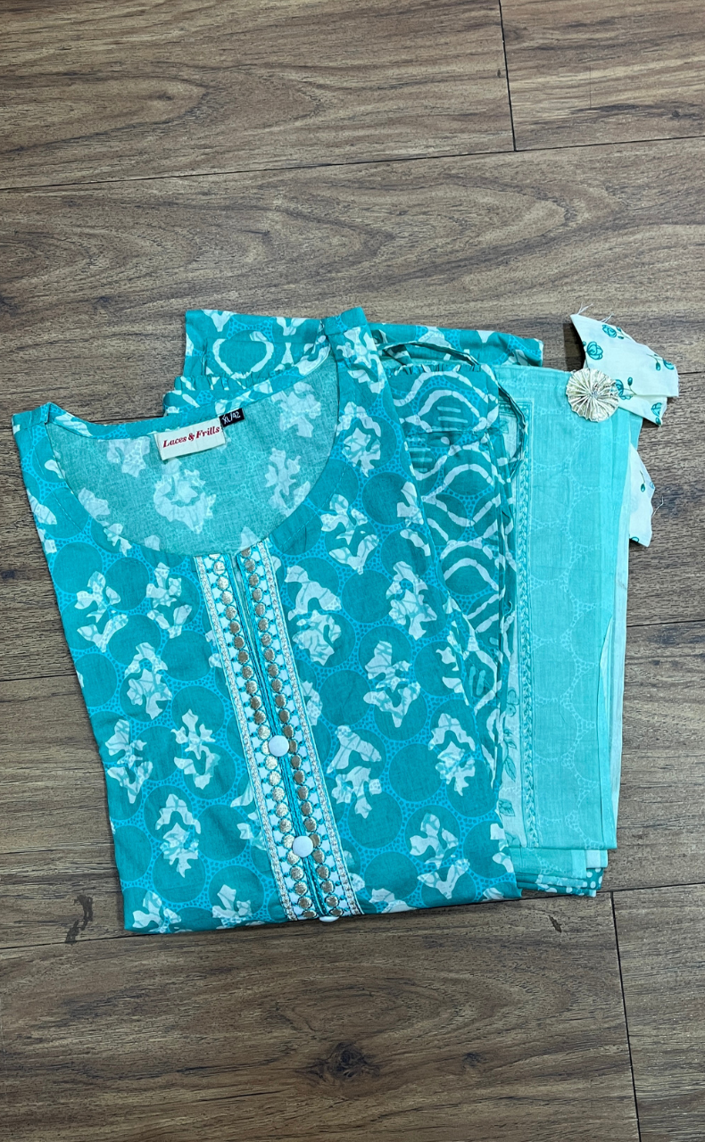 Sea Green Floral Cotton Kurti With Pant And Dupatta Set.Pure Versatile Cotton. | Laces and Frills - Laces and Frills