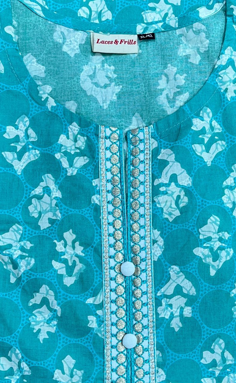 Sea Green Floral Cotton Kurti With Pant And Dupatta Set.Pure Versatile Cotton. | Laces and Frills - Laces and Frills
