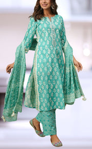 Sea Green Floral Cotton Kurti With Pant And Dupatta Set.Pure Versatile Cotton. | Laces and Frills - Laces and Frills
