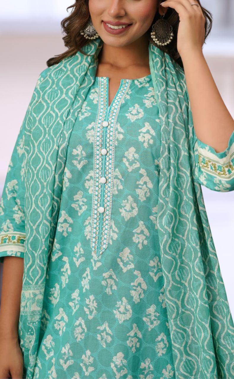 Sea Green Floral Cotton Kurti With Pant And Dupatta Set.Pure Versatile Cotton. | Laces and Frills - Laces and Frills