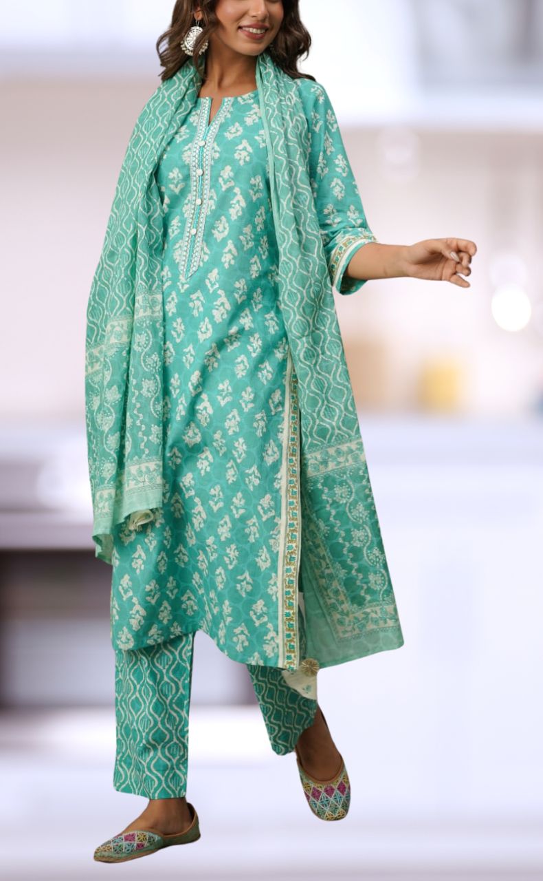 Sea Green Floral Cotton Kurti With Pant And Dupatta Set.Pure Versatile Cotton. | Laces and Frills - Laces and Frills