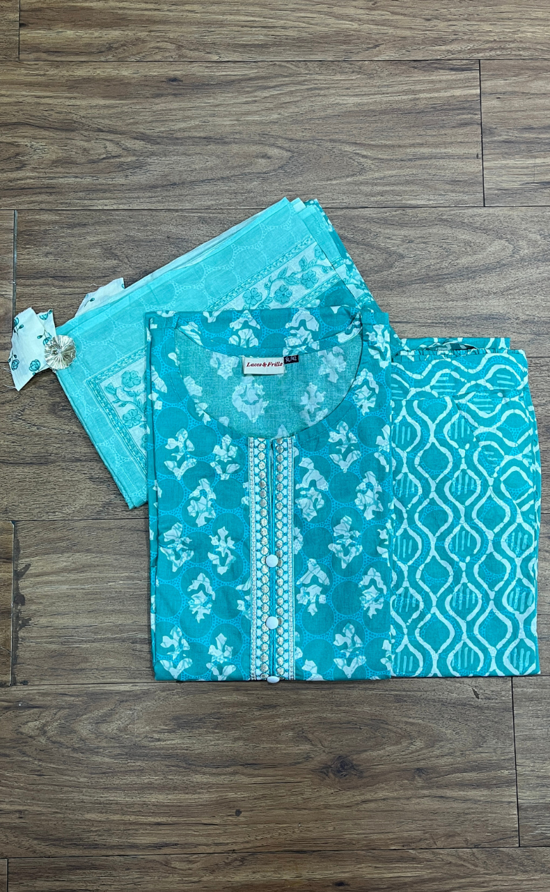 Sea Green Floral Cotton Kurti With Pant And Dupatta Set.Pure Versatile Cotton. | Laces and Frills - Laces and Frills