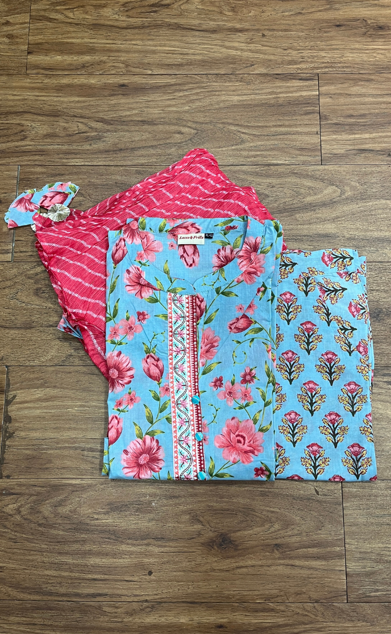 Sky Blue Jaipur Cotton Kurti With Pant And Crushed Dupatta Set.Pure Versatile Cotton. | Laces and Frills - Laces and Frills