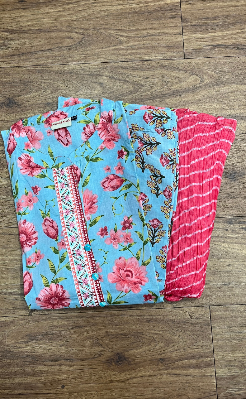 Sky Blue Jaipur Cotton Kurti With Pant And Crushed Dupatta Set.Pure Versatile Cotton. | Laces and Frills - Laces and Frills