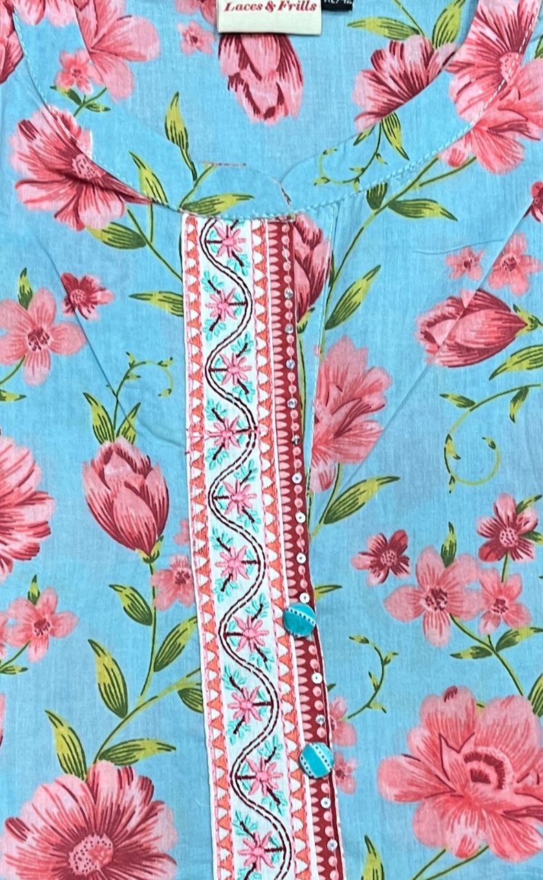 Sky Blue Jaipur Cotton Kurti With Pant And Crushed Dupatta Set.Pure Versatile Cotton. | Laces and Frills - Laces and Frills