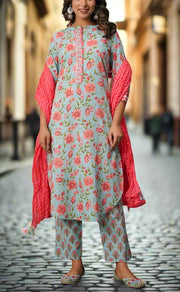 Blue/Pink Jaipur Cotton Kurti With Pant And Crushed Dupatta Set.Pure Versatile Cotton. | Laces and Frills