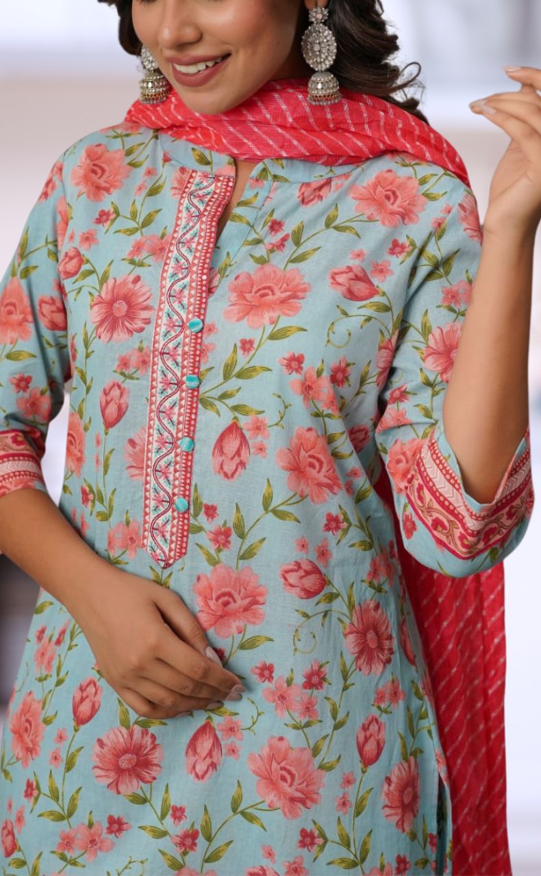Sky Blue Jaipur Cotton Kurti With Pant And Crushed Dupatta Set.Pure Versatile Cotton. | Laces and Frills - Laces and Frills