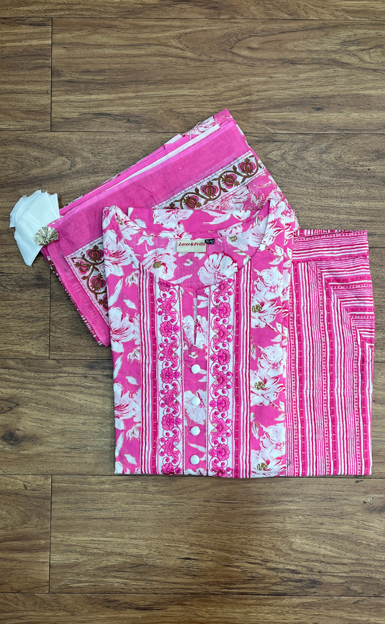Pink Garden Jaipur Cotton Kurti With Pant And Dupatta Set.Pure Versatile Cotton. | Laces and Frills - Laces and Frills