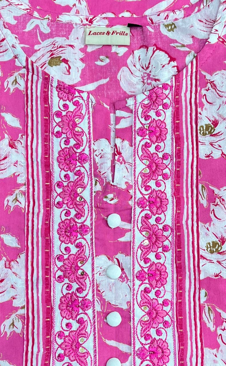 Pink Garden Jaipur Cotton Kurti With Pant And Dupatta Set.Pure Versatile Cotton. | Laces and Frills - Laces and Frills