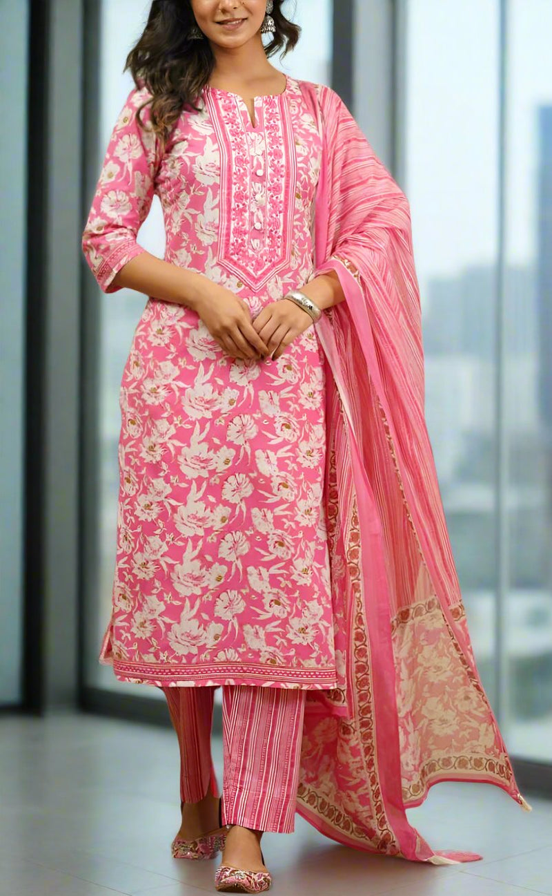 Pink Garden Jaipur Cotton Kurti With Pant And Dupatta Set.Pure Versatile Cotton. | Laces and Frills - Laces and Frills