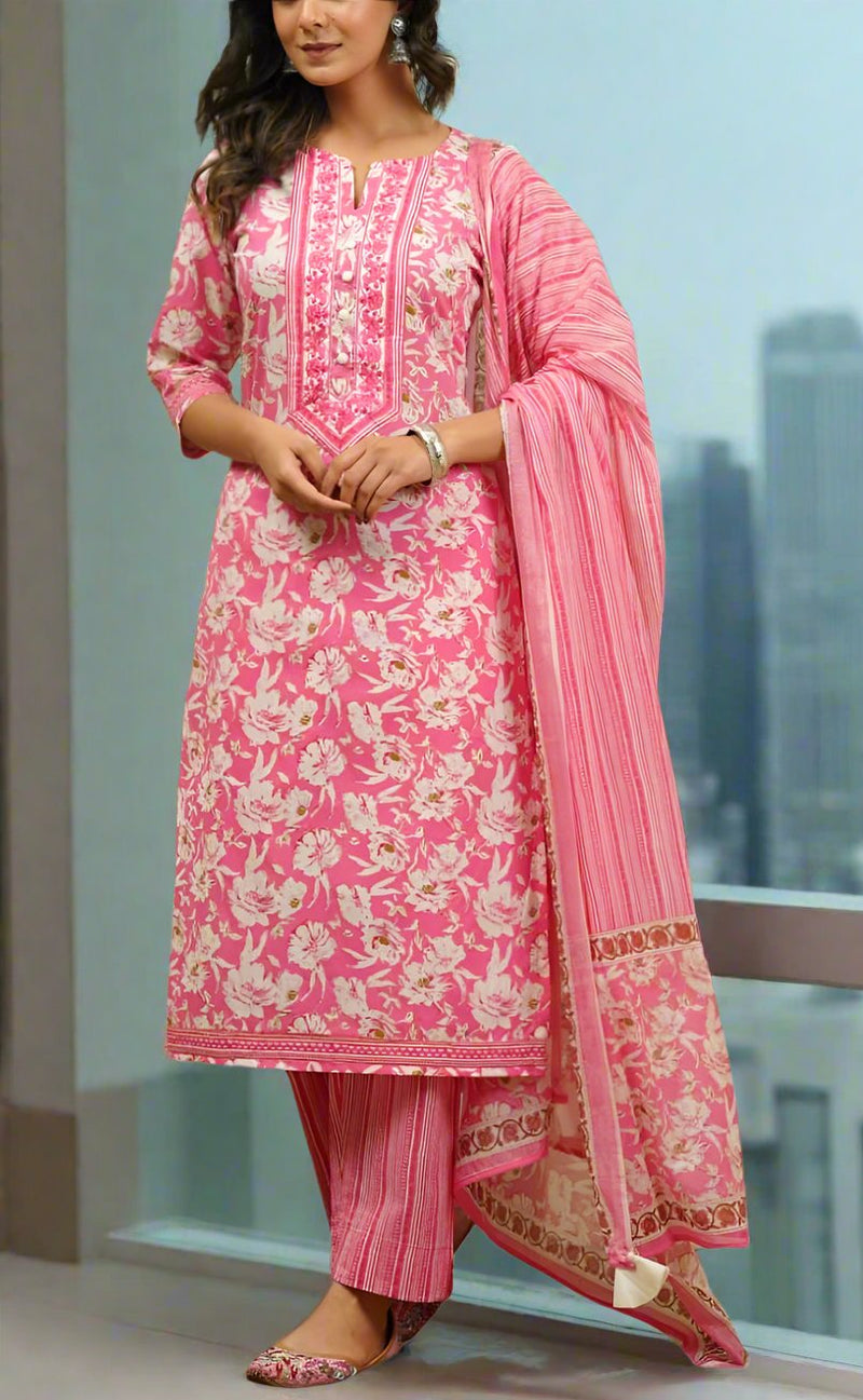 Pink Garden Jaipur Cotton Kurti With Pant And Dupatta Set.Pure Versatile Cotton. | Laces and Frills - Laces and Frills