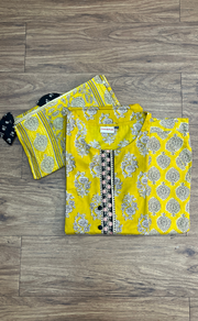 Yellow Floral Jaipur Cotton Kurti With Pant And Dupatta Set.Pure Versatile Cotton. | Laces and Frills - Laces and Frills