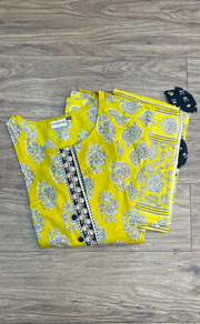 Yellow Floral Jaipur Cotton Kurti With Pant And Dupatta Set.Pure Versatile Cotton. | Laces and Frills - Laces and Frills