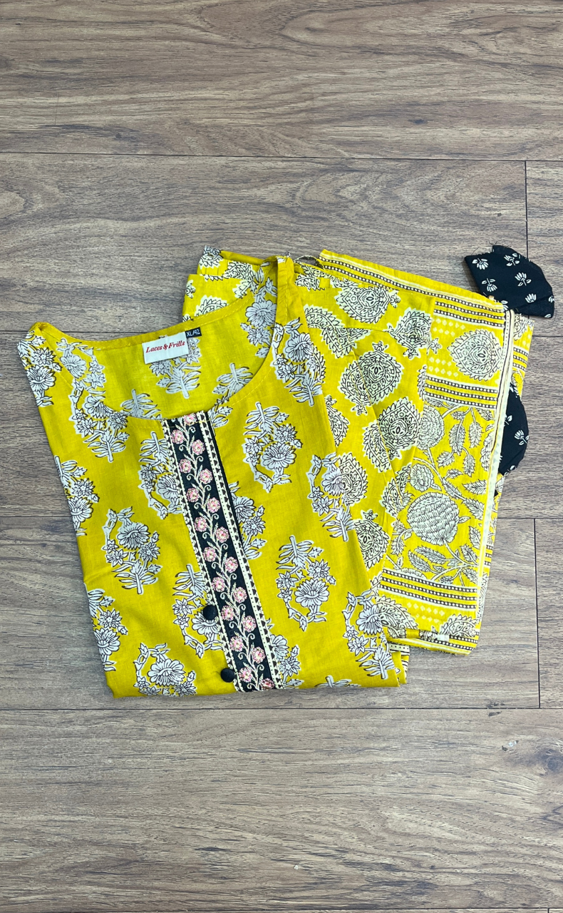 Yellow Floral Jaipur Cotton Kurti With Pant And Dupatta Set.Pure Versatile Cotton. | Laces and Frills - Laces and Frills