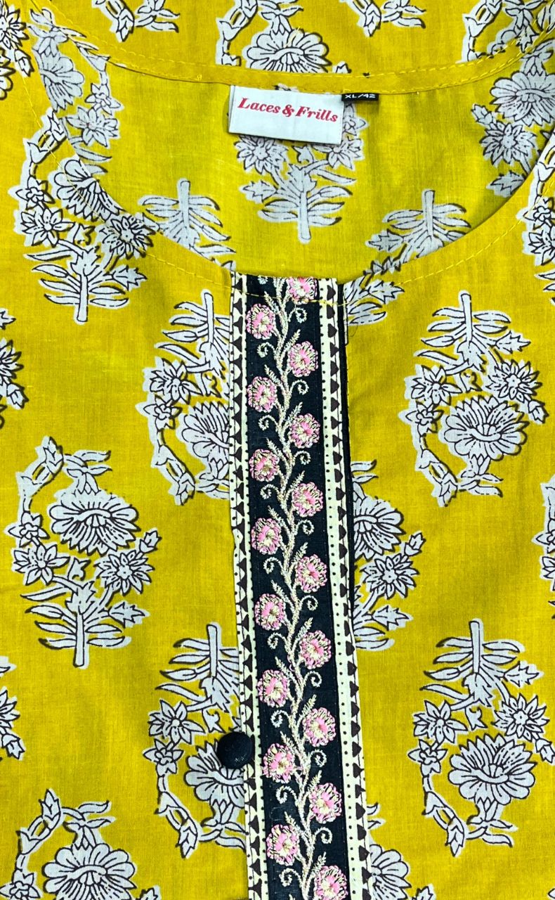 Yellow Floral Jaipur Cotton Kurti With Pant And Dupatta Set.Pure Versatile Cotton. | Laces and Frills - Laces and Frills