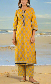 Yellow Floral Jaipur Cotton Kurti With Pant And Dupatta Set.Pure Versatile Cotton. | Laces and Frills - Laces and Frills