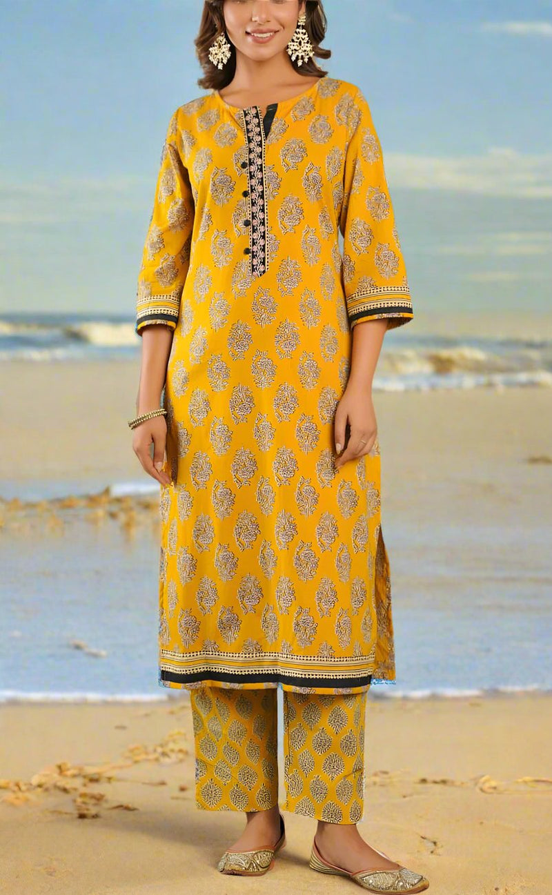 Yellow Floral Jaipur Cotton Kurti With Pant And Dupatta Set.Pure Versatile Cotton. | Laces and Frills - Laces and Frills
