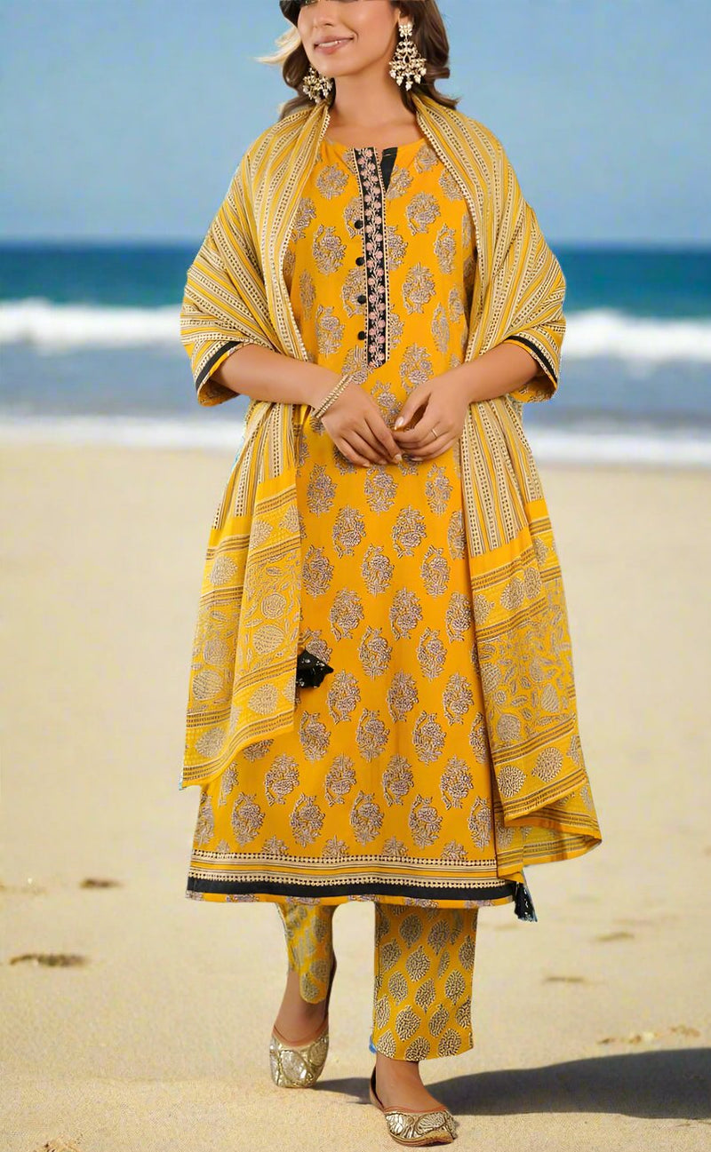 Yellow Floral Jaipur Cotton Kurti With Pant And Dupatta Set.Pure Versatile Cotton. | Laces and Frills - Laces and Frills