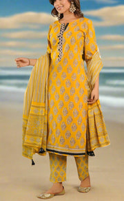 Yellow Floral Jaipur Cotton Kurti With Pant And Dupatta Set.Pure Versatile Cotton. | Laces and Frills - Laces and Frills