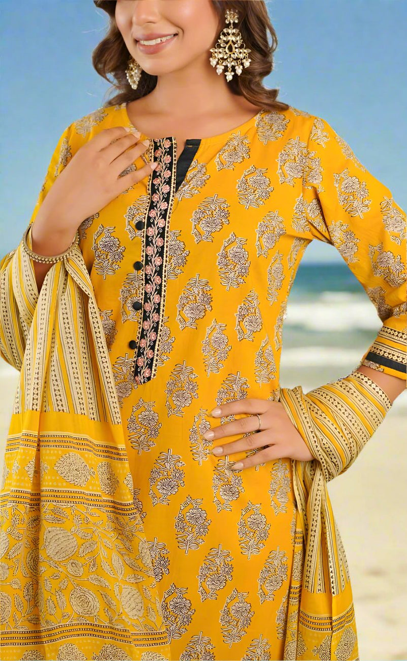 Yellow Floral Jaipur Cotton Kurti With Pant And Dupatta Set.Pure Versatile Cotton. | Laces and Frills - Laces and Frills