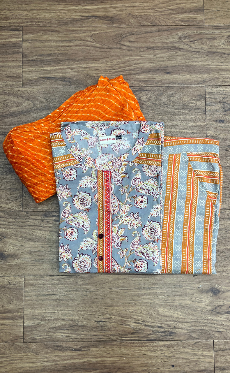 Grey Jaipur Cotton Kurti With Pant And Crushed Dupatta Set.Pure Versatile Cotton. | Laces and Frills - Laces and Frills