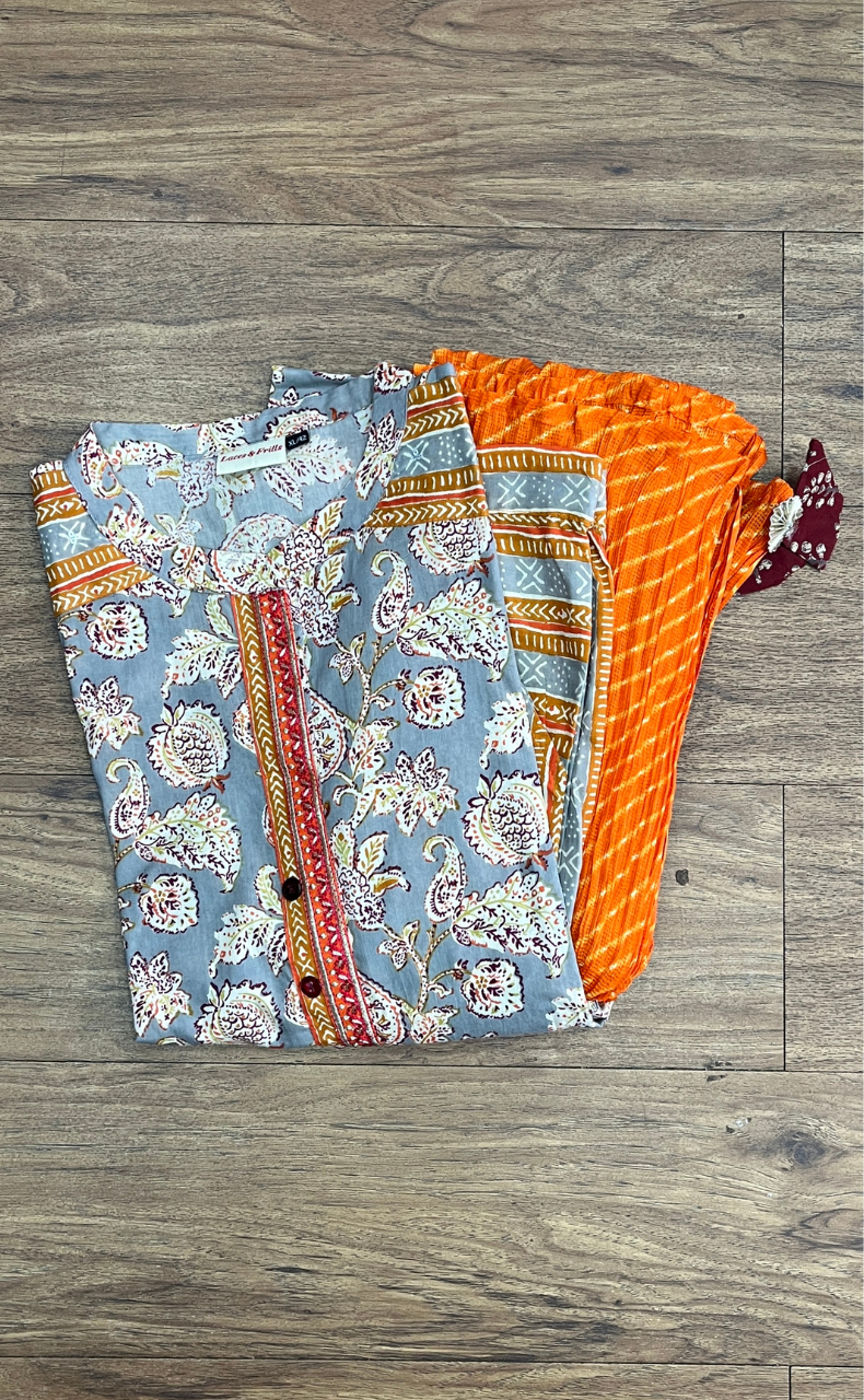 Grey Jaipur Cotton Kurti With Pant And Crushed Dupatta Set.Pure Versatile Cotton. | Laces and Frills - Laces and Frills